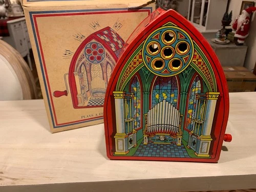 Vintage 1930s J Chein Wind-up Tin Litho Musical Cathedral # 131 nrmt boxed WORKS