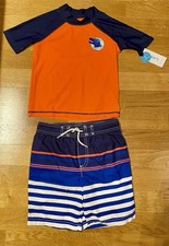 Carter s Boy Swim Set Orange Navy, Rash Guard Dino Top,Trunks Shorts, Size 5T/5A