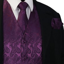 Dark Purple Paisley Tuxedo Suit Dress Vest Waistcoat  Neck tie  Hankie 20FF