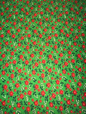 10'' X 33''  100% Cotton Fabric Lime Green with Red Flowers
