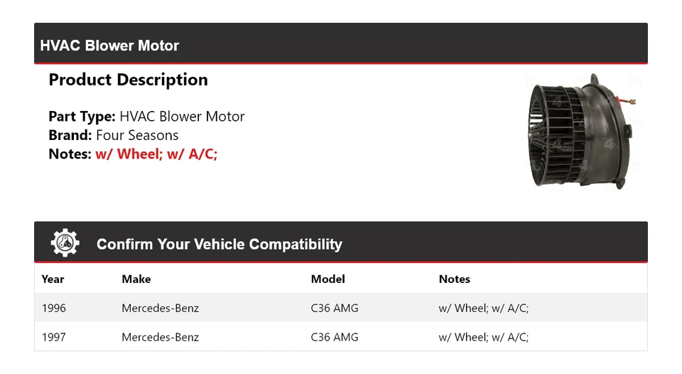 适用于 1996 - 1997 梅赛德斯 - 奔驰 C36 AMG HVAC 吹风机电机 4 季 — 第 2/4 张图片