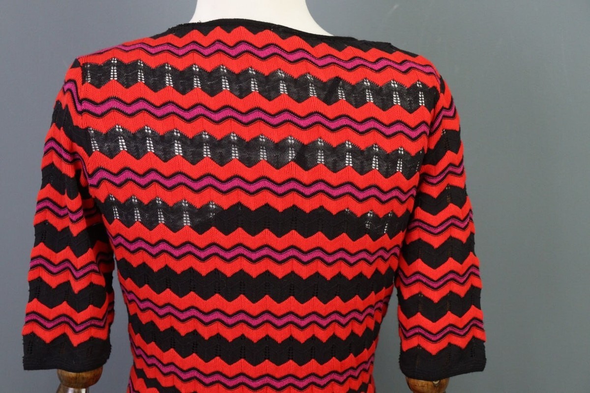 MISSONI Dress Red Black Striped Short Sleeve Knit Shift Midi