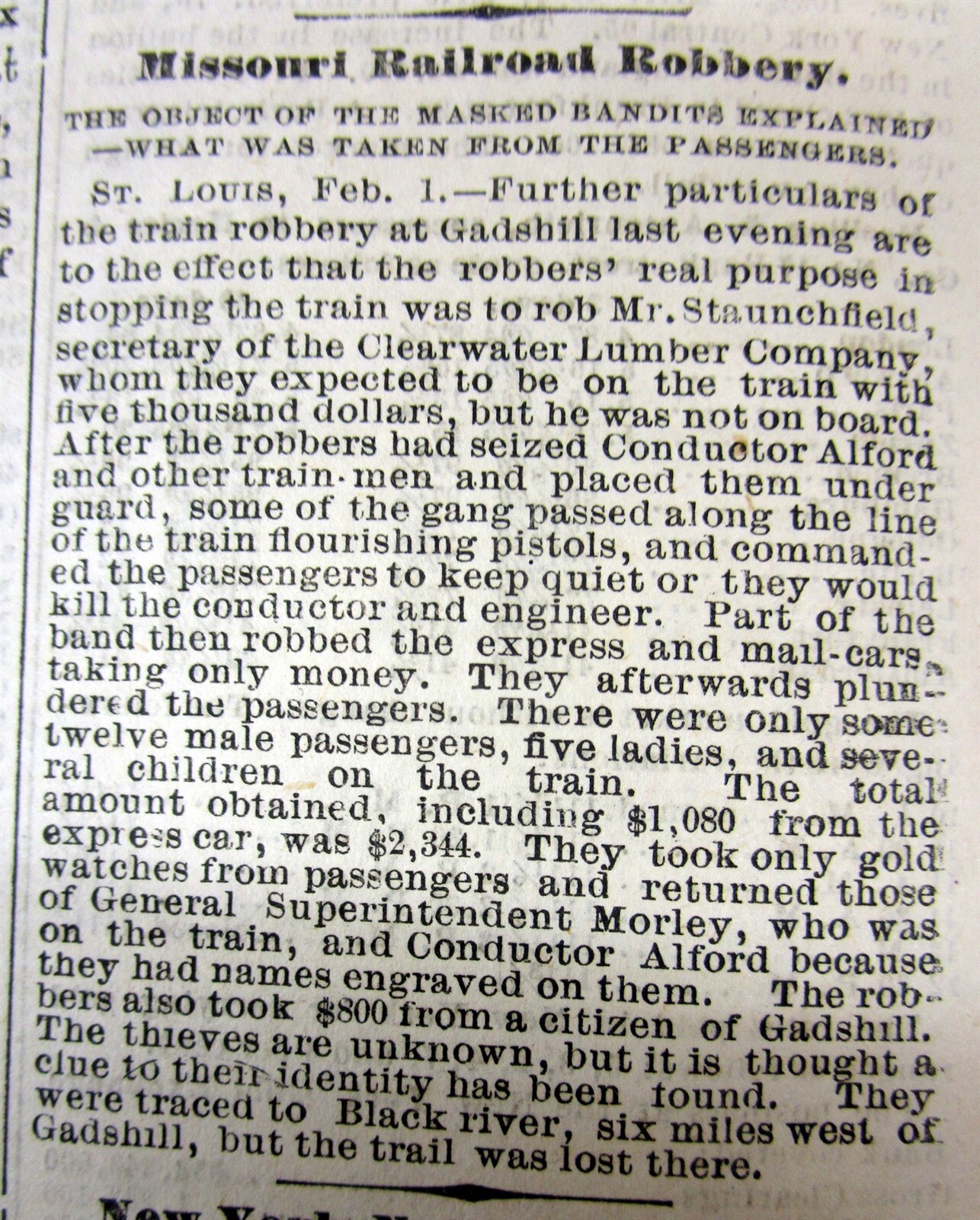 1874 newspaper JESSE JAMES-COLE YOUNGER outlawGANG Robs Train GADS HILL Missouri