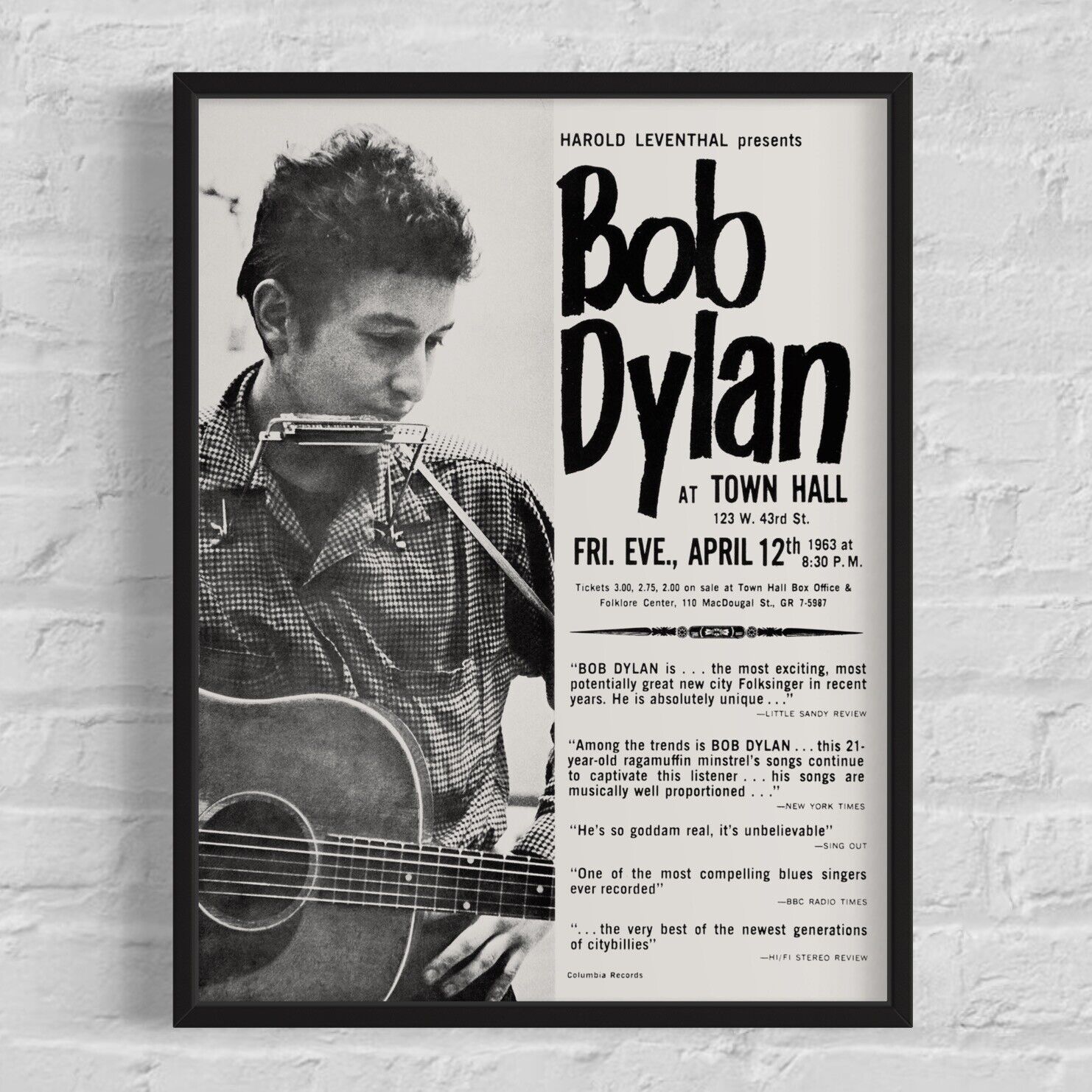 BOB DYLAN 'Town Hall' New York City 1963 First Major Concert Poster, 15¼"x20"