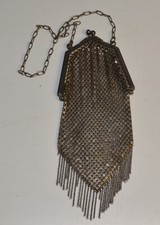 Antique Victorian or Edwardian metal mesh purse w chain  blue cabochon kisslock