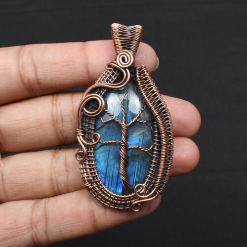 Blue Fire Labradorite Copper Wire Wrapped Pendant Jewelry Gift For Her CCP-099 - Picture 3 of 8