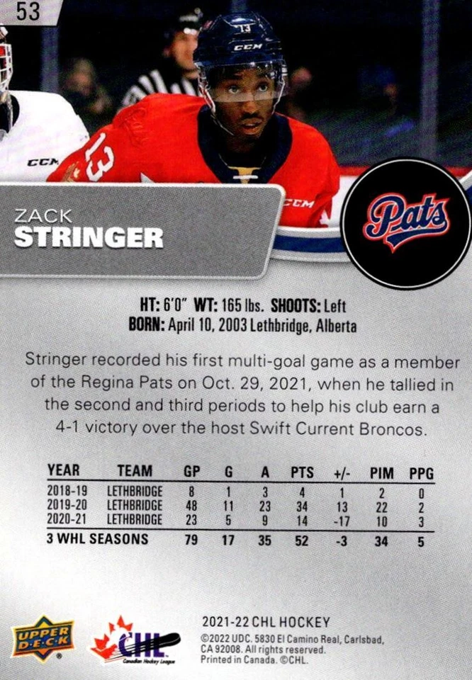 2021-22 Upper Deck CHL Zack Stringer Regina Pats #53 - Image 2 of 2