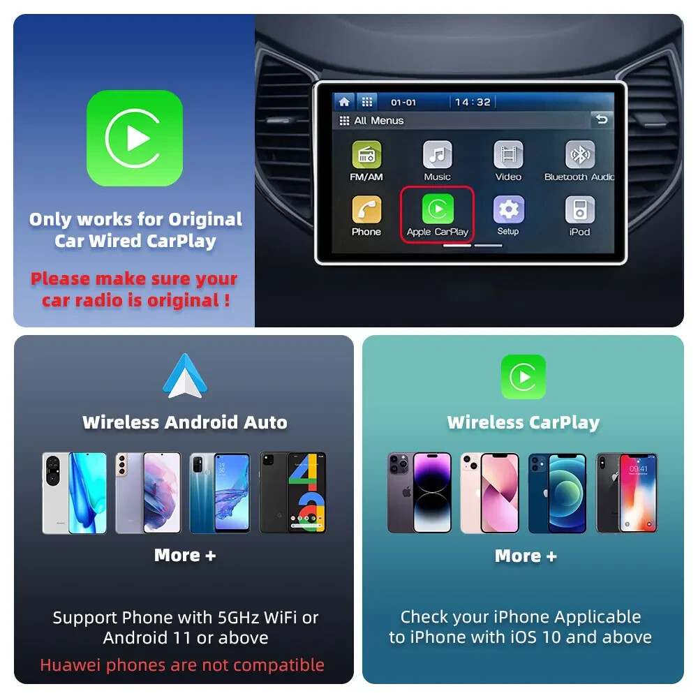 Caraibox 2 In1 Wireless CarPlay Android Auto Box Autoradio CarPlay Cablato - Miniatura 7