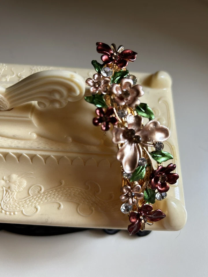 Vtg 2 Lrg 4” Butterfly HAIR BARRETTES CLIPS Crystal Moonglow & Enamel Flowers - Image 3 of 4