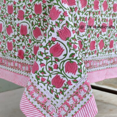 Pink & Green Indian hand Block Print tablecloth Floral Cotton Custom Table cover