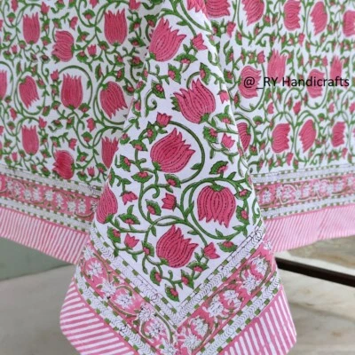 Nappe indienne rose et verte imprimée à la main en coton floral housse de tab... - Photo 1/4
