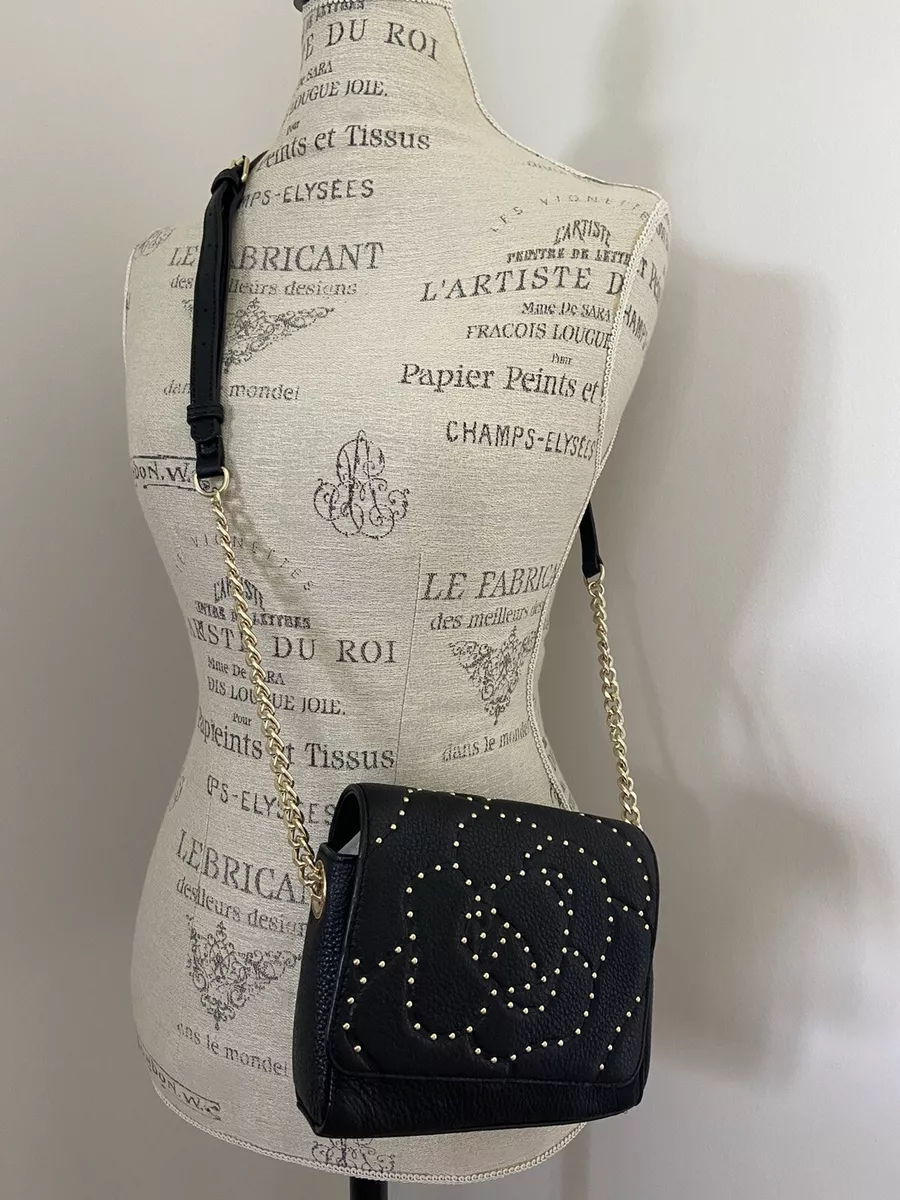 Karl Lagerfeld Paris Rose/Flora Gold Stud Black Leather Chain Crossbody  Purse