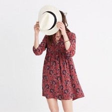 Madewell Women  s Silk Lace-up Floral Dress Size S Babydoll Peasant Sleeves