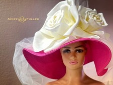 Kentucky Derby Hat Candy Hot Pink Cream Off-White Rose Breeders Cup Del Mar Hat