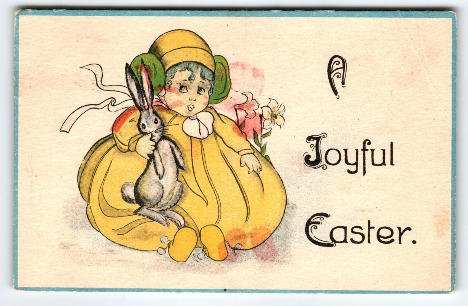 Easter Postcard Girl In Big Yellow Outfit Holds Bunny Rabbit Barton Spooner 1915