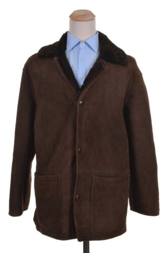 OWEN BARRY Solid Brown SHEARLING SUEDE Mens Luxury Jacket Coat - MEDIUM - Afbeelding 1 van 8