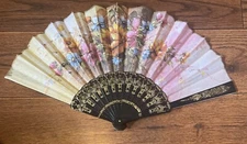 Folding Hand Fan Signed  Floral Canvas Unknown Signature SPAIN