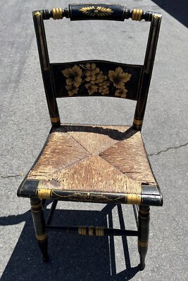 Antique Hitchcock Black & Gold Stenciled Farmhouse Rush Seat Chair