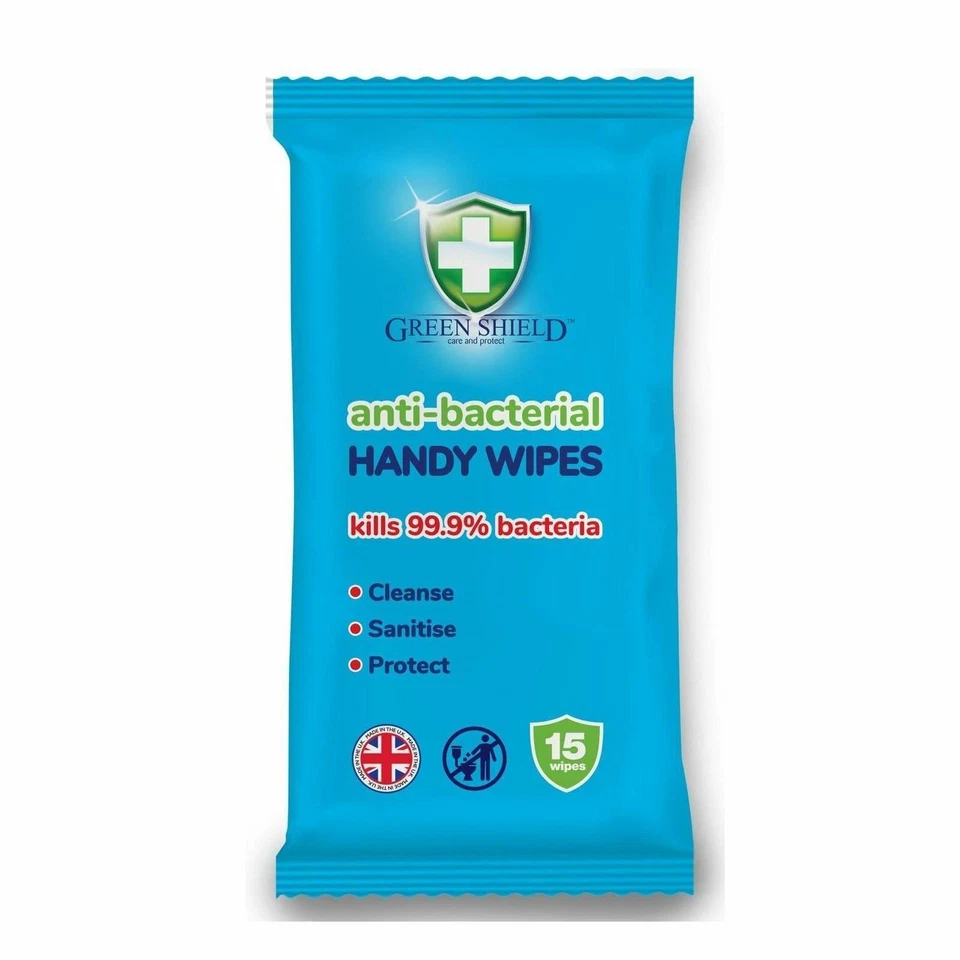 12 x Greenshield Antibacterial Handy Wipes Cleansing Sanitising 15'S