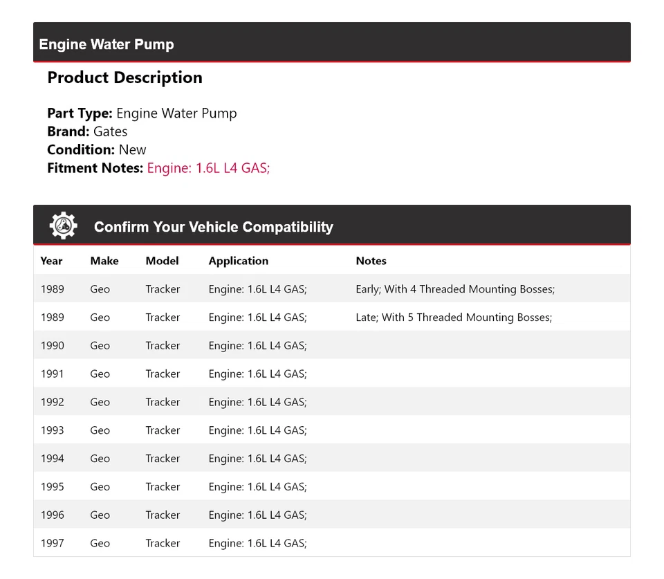 Para 1989-1997 Geo Tracker 1.6L L4 Motor Gas Bomba Agua Puertas 1990 1991 1992 Foto 2 de 4