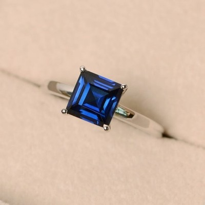 1.50 Ct Princess Natural Sapphire Diamond Engagement Ring 14K White Gold Size 7