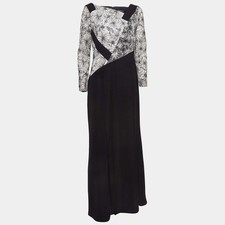 Tadashi Shoji BlackWhite Floral Embroidered Tulle and Crepe Maxi Dress L