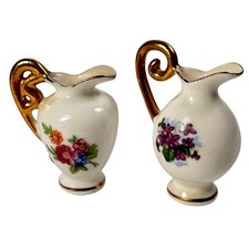 Tokai Bone China Japan Miniature Pitchers  Floral & Violet Pattern Gold Handles