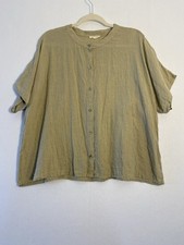 Eileen Fisher Size X Large Check Brown Beige Shirt Sleeves Organic Linen