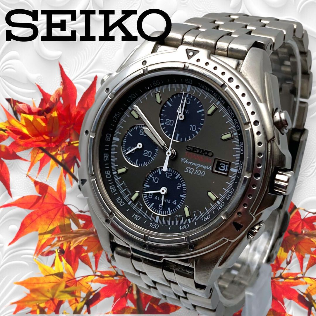 Seiko Titanium Chronograph Watch SQ100 Dual Time Silver Black Dial