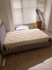 Grey Upholstered Fabric Bed Frame w/ Headboard & Slatted Base, Small Double