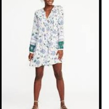 Old Navy women’s XS floral Pin tuck swing dress Deep V tie long sleeve mini