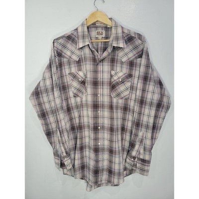 Ely Cattleman Mens XL Tall Western Pearl Snap Plaid Shirt Tan Brown Long Sleeve