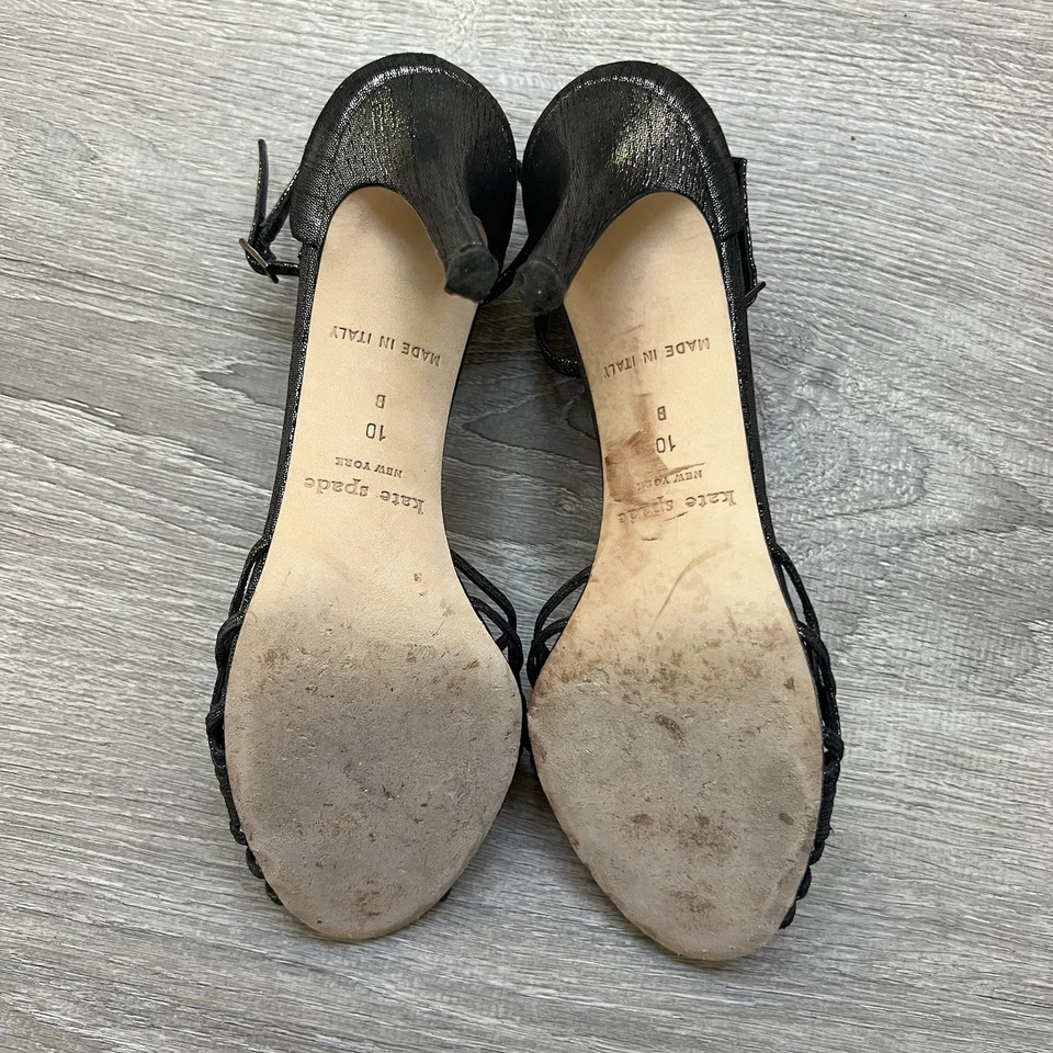 KATE SPADE Sz 10 Black Leather Strappy Heels Cage Peep Toe Ankle Strap Shoes - Image 4 of 4