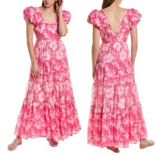 LoveShackFancy Karalie Maxi Dress US 2 Pink Floral Tiered Cotton Silk Feminine