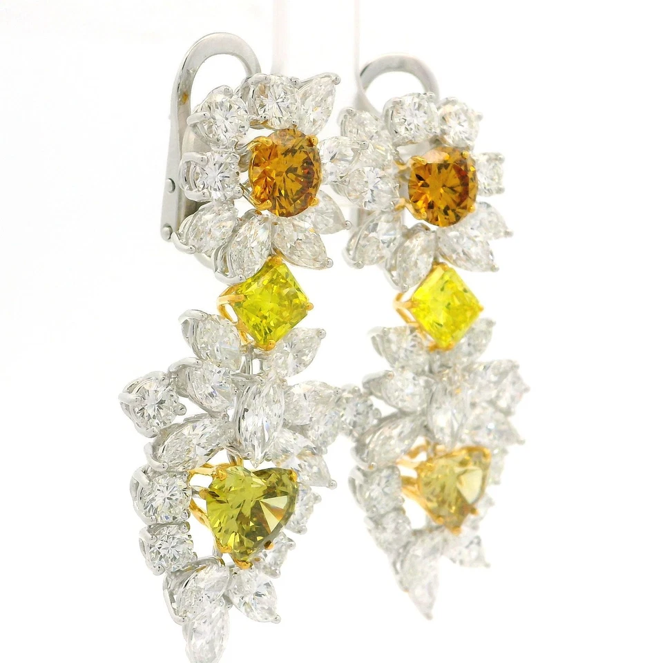 Stunning Platinum & Gold GIA 19.96ctw Fancy Color Diamonds Dangle Drop Earrings - Image 3 of 4