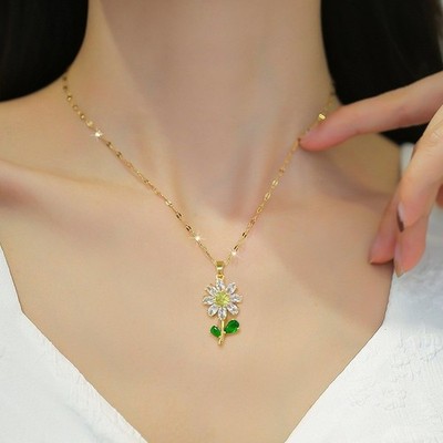 Halskette Anhänger Sonnenblume Kristall Swarovski Luxus Edelstahl vergoldet + Tasche