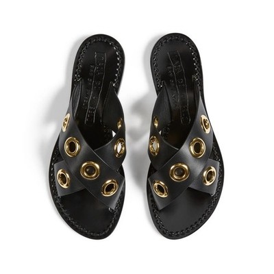 Bay of Angels Brera Black Gold Grommet Leather Criss Cross Slides Sandals 39 / 9