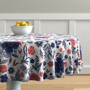 Round-Tablecloth-Swedish-Folk-Art-Floral-Flowers-Blue-Red-Navy-Cotton-Sateen