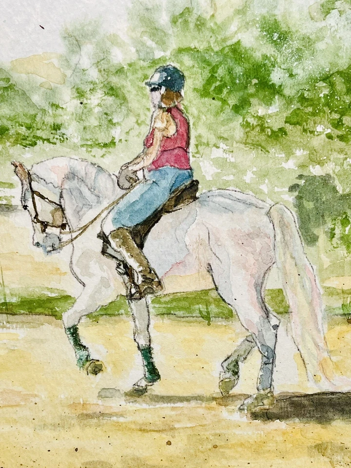 Pintura Acuarela Original Mujer Jinete Marco Firmado Arte Ecuestre 17x14 Foto 3 de 4