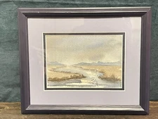Chris Halligan Watercolor Marsh Scene Boat Nags Head NC Signed Framed 11x9