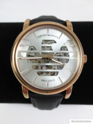 NEW Emporio Armani Rose Gold Silver Skeleton Black Automatic
