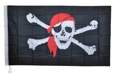 BANDIERA PIRATI CON BANDANA ROSSA CARAIBI BUCANIERI PIRATE FLAG TESCHI cm 90x150