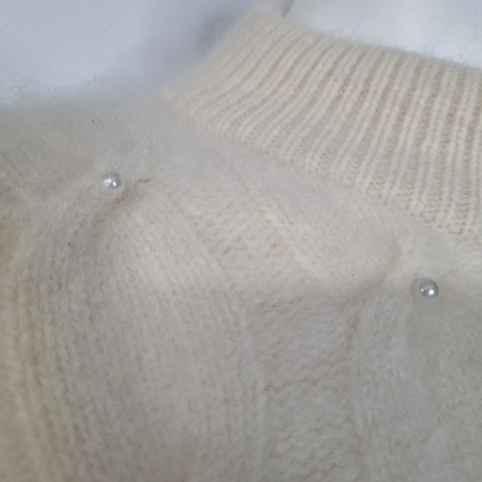 复古 Norm Thompson 象牙色毛衣 安哥拉羊羔毛 套衫 电缆 针织 串珠 S/M — 第 3/4 张图片