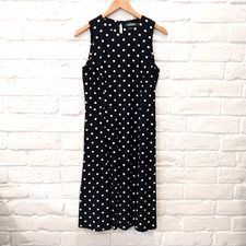 Ralph Lauren Dress Womens 8 Black White Polka Dot Midi Sleeveless Stretch Jersey
