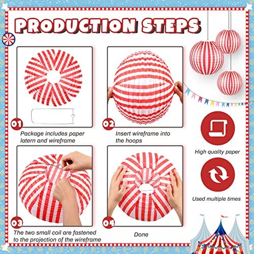 12 Pcs Carnival Circus Decorations Red and White Stripes Paper Lanterns