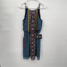 By & By Medium Mini Dress Women Blue Paisley Print Sheer Belted 1108Q45