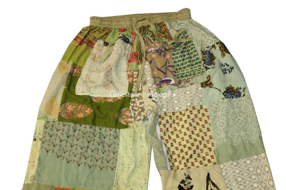 Pantalones harén retazos verdes, pantalones harén boho hippie, pantalón bohemio de pierna ancha Foto 4 de 4
