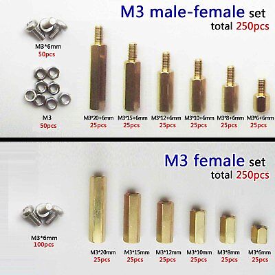 250pc Solid Brass M2 M3 Hex Column Standoff Spacer Screw Nut Assortment Kit  PCB 