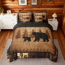 Bear Comforter Set Queen Size 7 Pcs Cabin Lodge Bed in a Bag Rustic Wild Animals