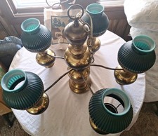 MCM Brass 5 Light-Chandelier W Green Ribbed Glass Lampshades Excellent Cond USA